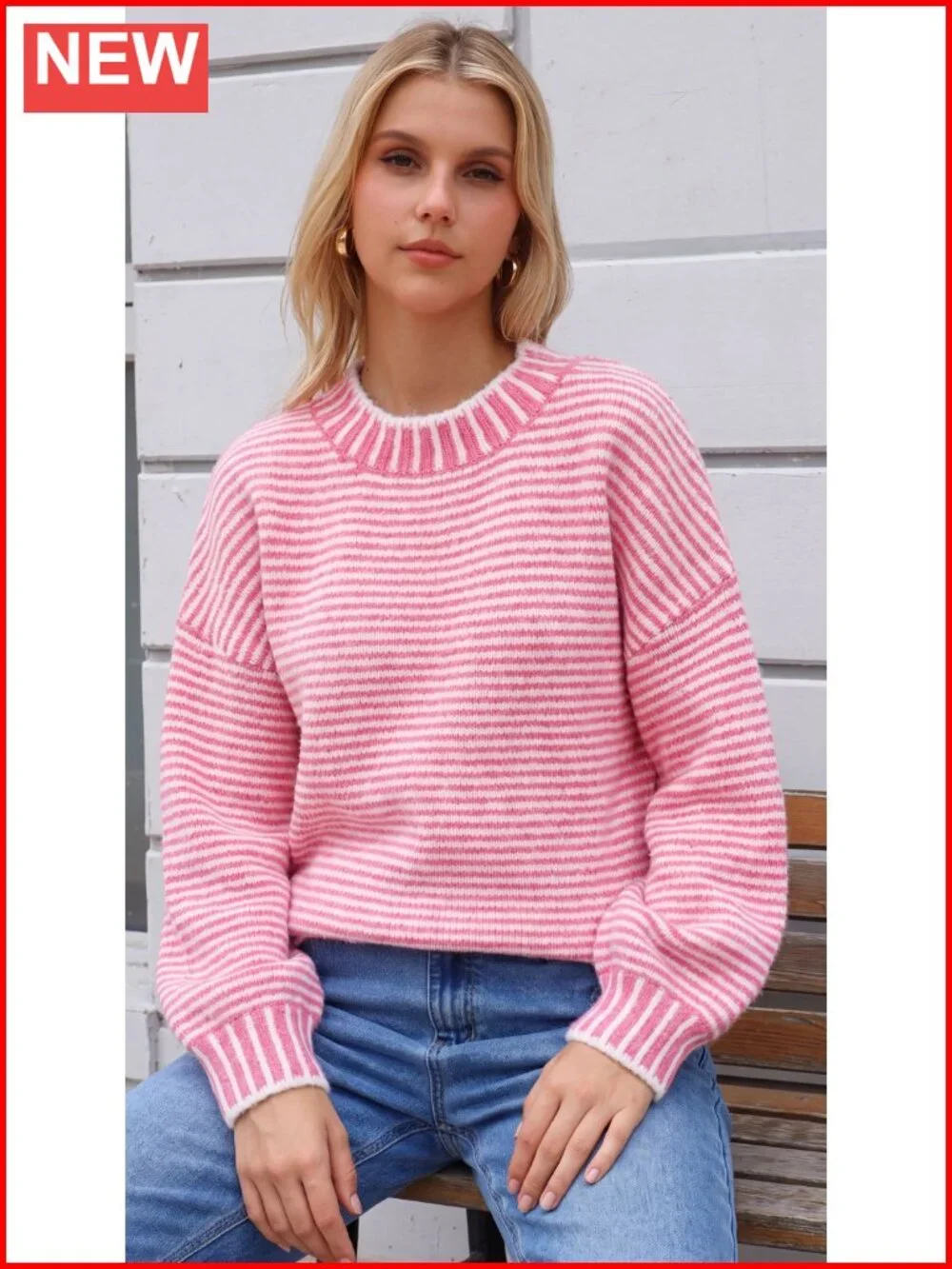Chunky Knit Striped Sweater Oversized Drop Shoulder Crew Neck Pullover